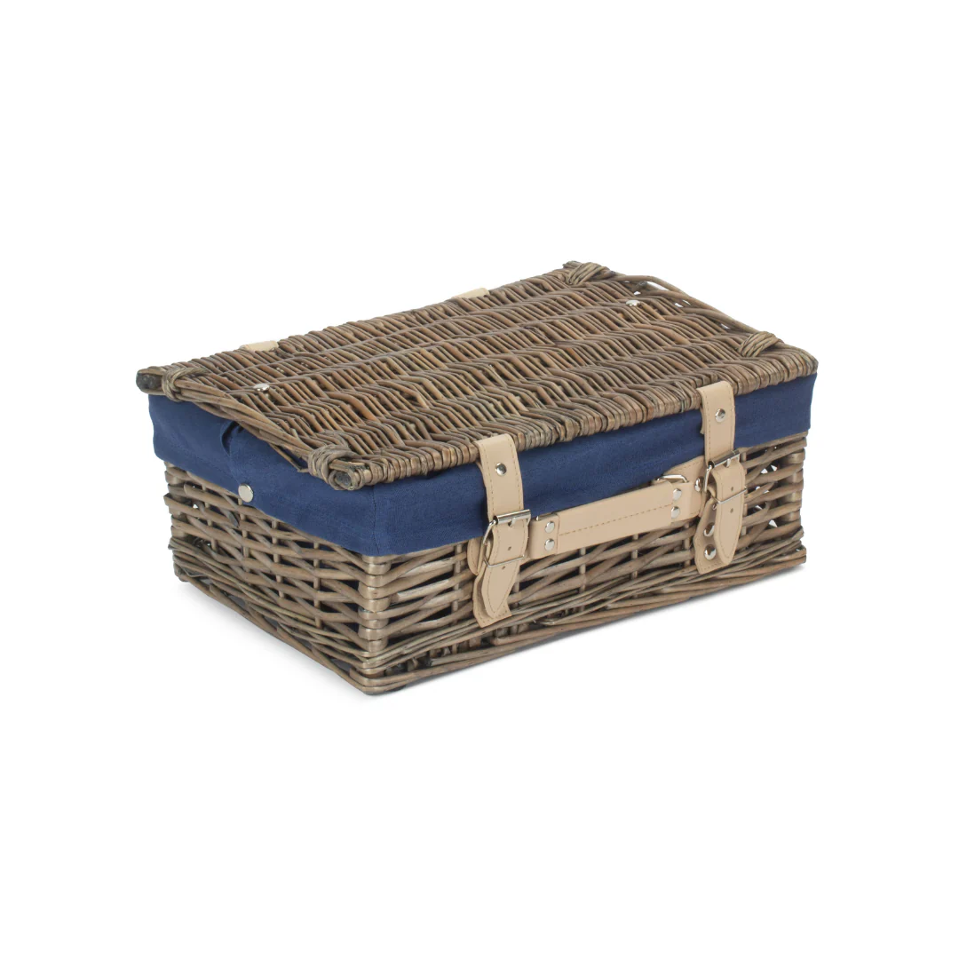 14" Antique Wash Split Willow Hamper With Navy Blue Lining