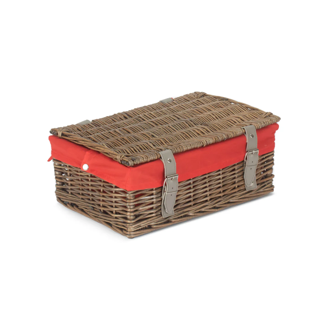 14 Inch Empty Wicker Hamper Basket - Antique Wash - Red Lining