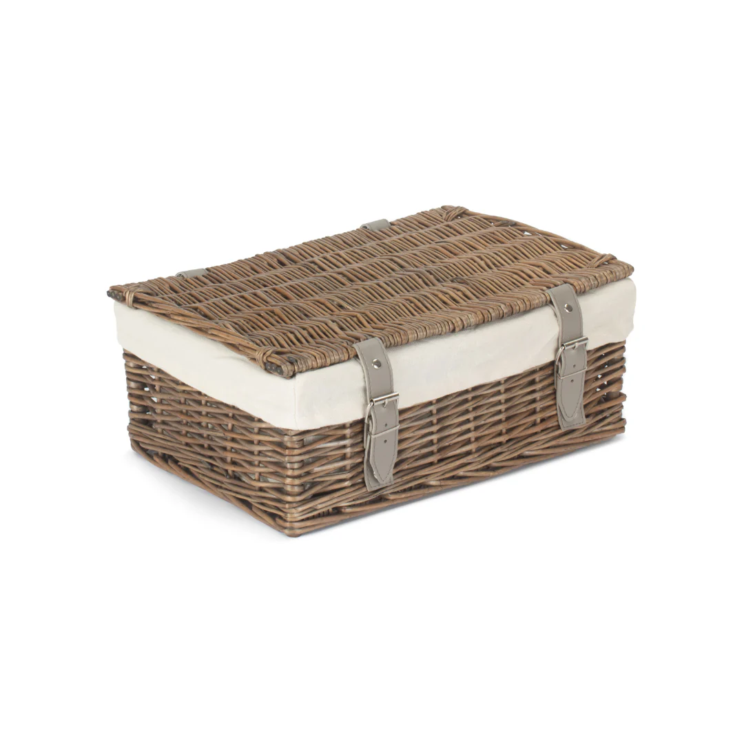 14 Inch Empty Wicker Hamper Basket - Antique Wash - White Lining