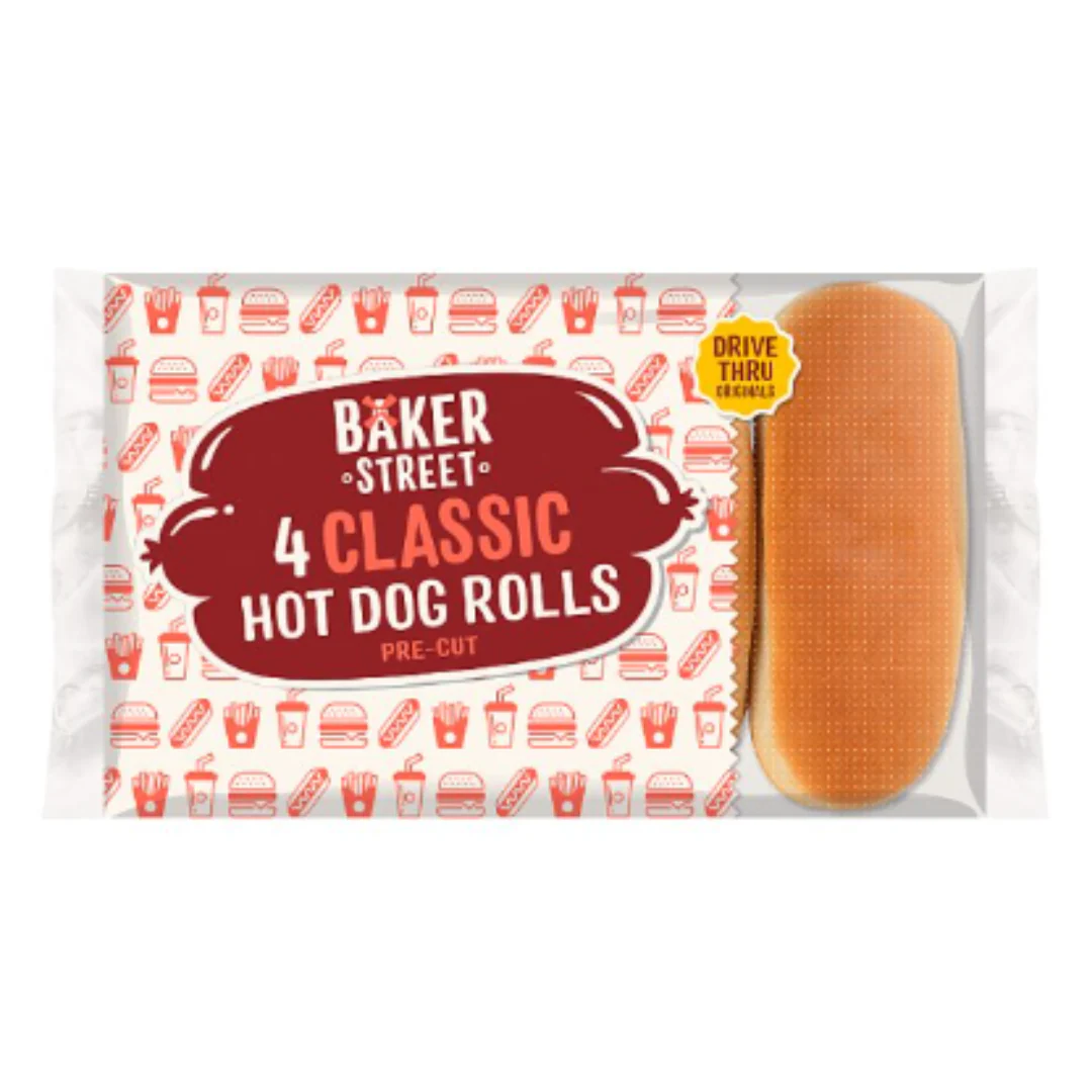 Baker Street 4 Classic Hot Dog Rolls Pre-Cut x Case of 1
