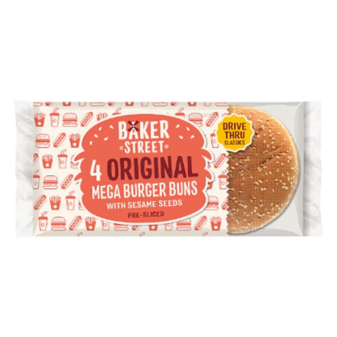 Baker Street 4 Original Mega Burger Buns with Sesame Seeds Pre-Sliced x Case of 7