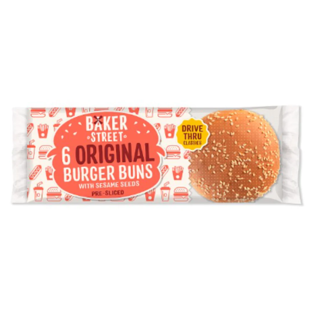 Baker Street 6 Original Burger Buns with Sesame Seeds Pre-Sliced x Case of 8