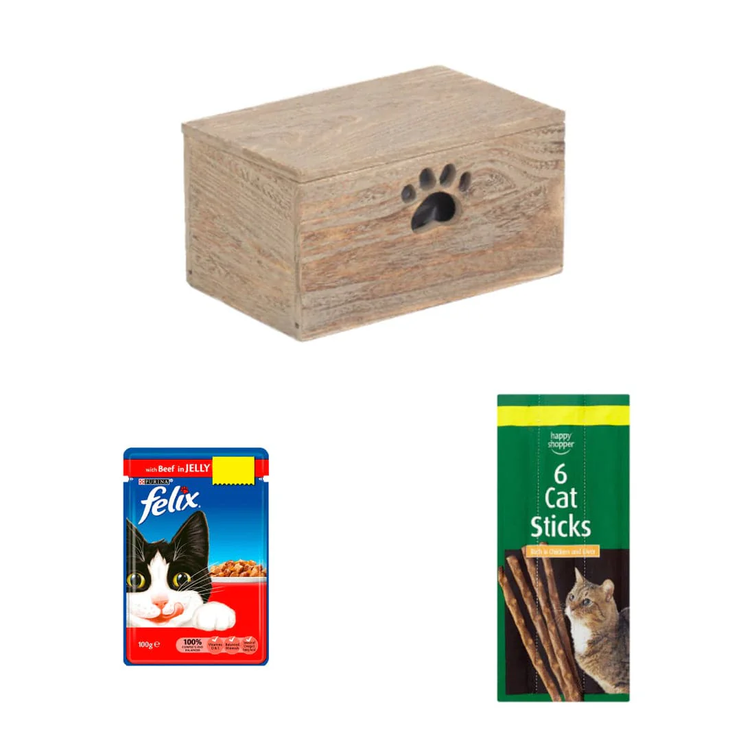 FELIX Purrfect Beef and Stick Cat Box | 3 Ingredients | Wooden Cat Food Tray | 2x Happy Shopper 6 Cat Sticks 30g | FELIX Beef In Jelly Wet Cat Food 100g x 40