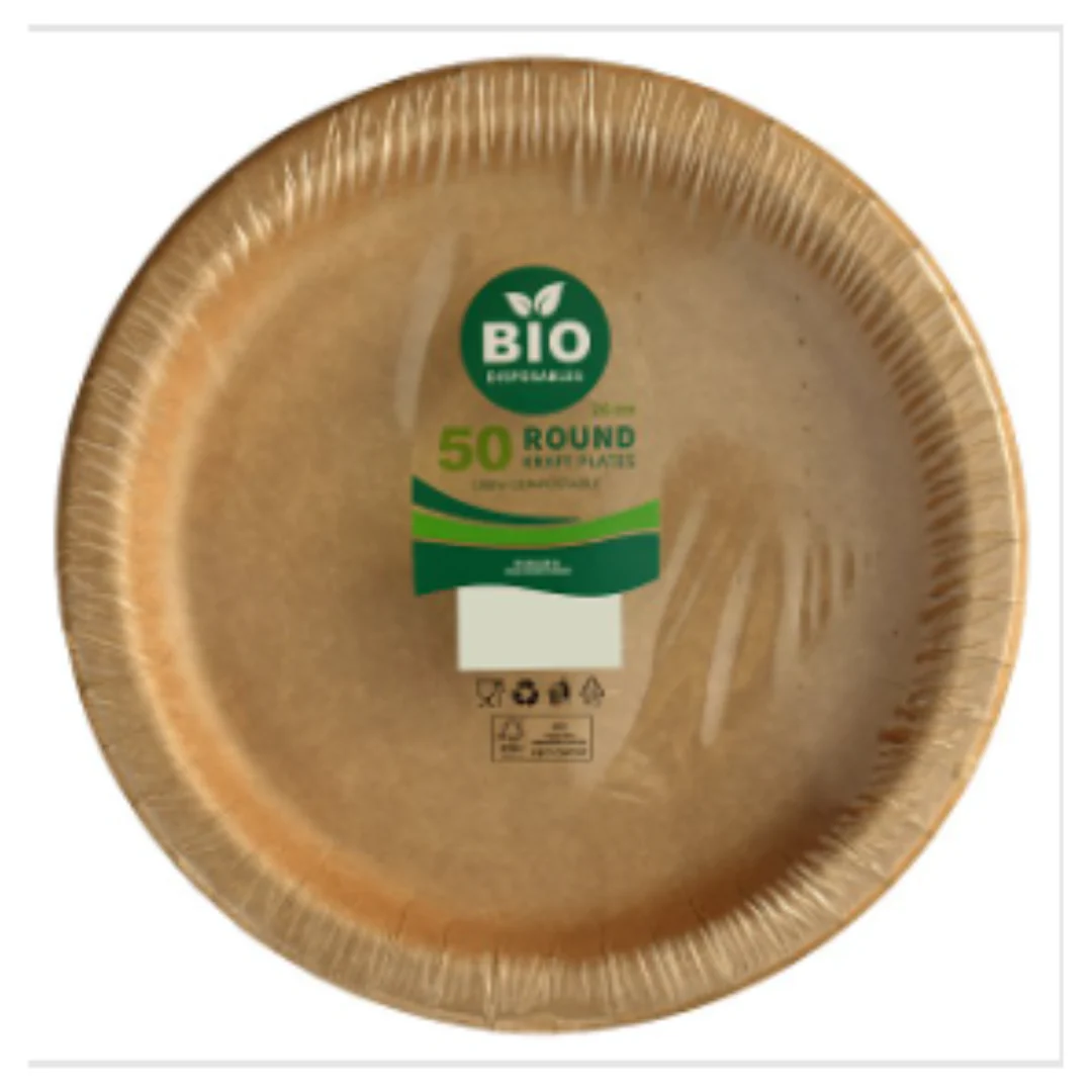 Bio Disposables 50 Round Kraft Plates 26cm| Case of 1