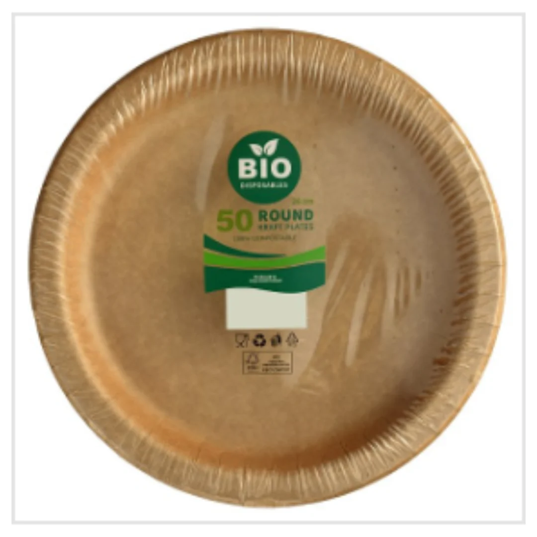 Bio Disposables 50 Round Kraft Plates 26cm |Eco Friendly | Case of 6