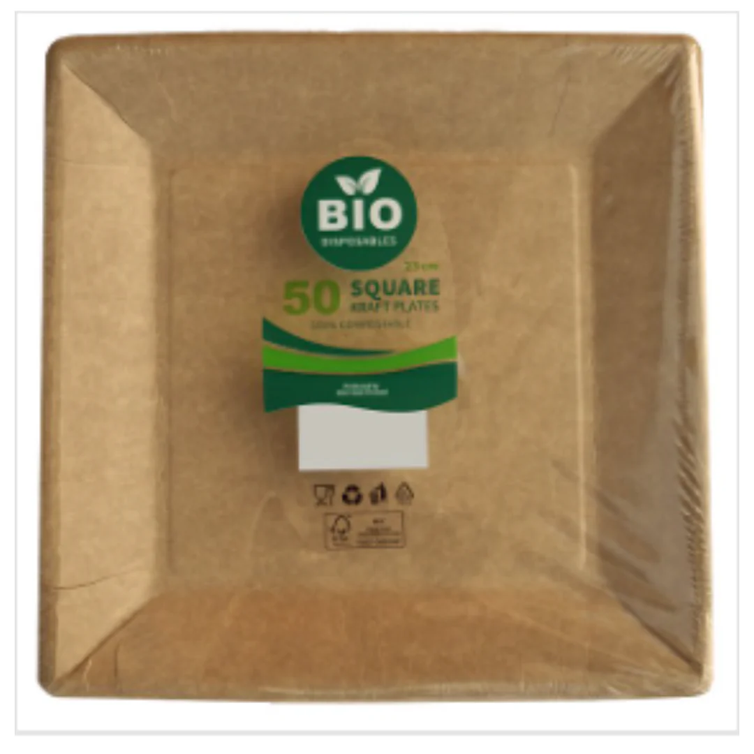 Bio Disposables 50 Square Kraft Plates 23cm | Case of 1