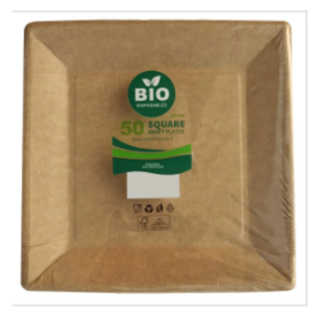 Bio Disposables 50 Square Kraft Plates 23cm |Eco Friendly| Case of 8