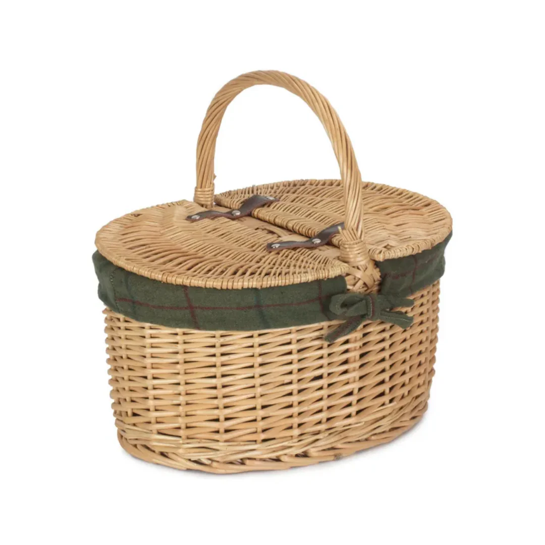 Buff Oval Picnic Basket With Green Tweed Lining
