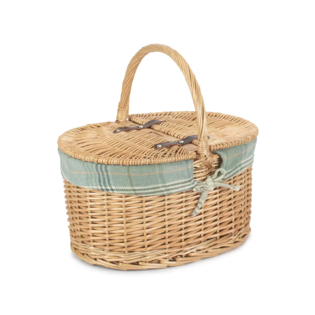 Buff Oval Picnic Basket With Cream Tartan Lining