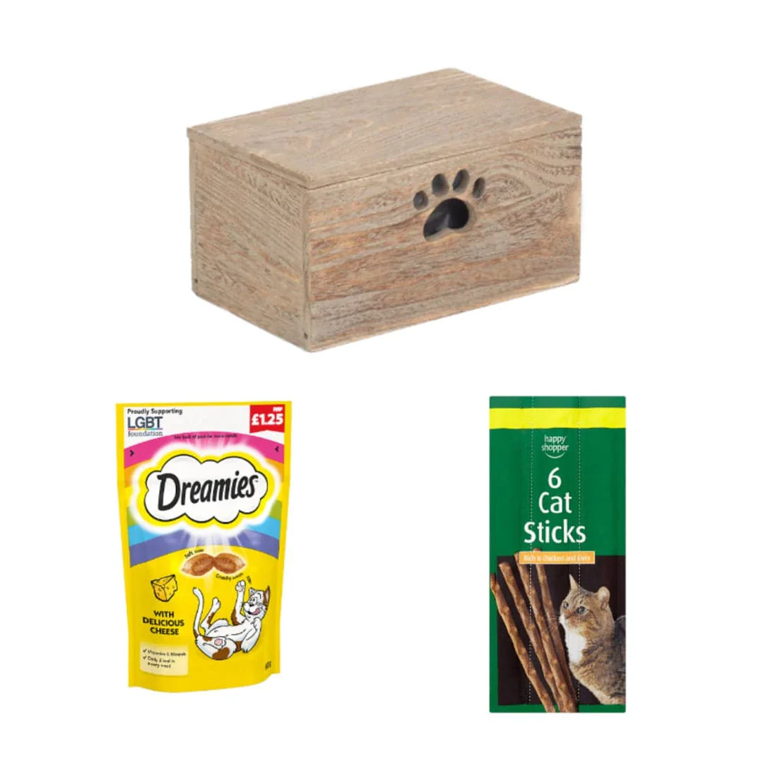 Dreamies Cheese & Sticks Treat Cat Box | 3 Ingredients | Wooden Cat Food Tray | 2x Happy Shopper 6 Cat Sticks 30g | Dreamies Cat Treat Biscuits with Cheese 60g x 48