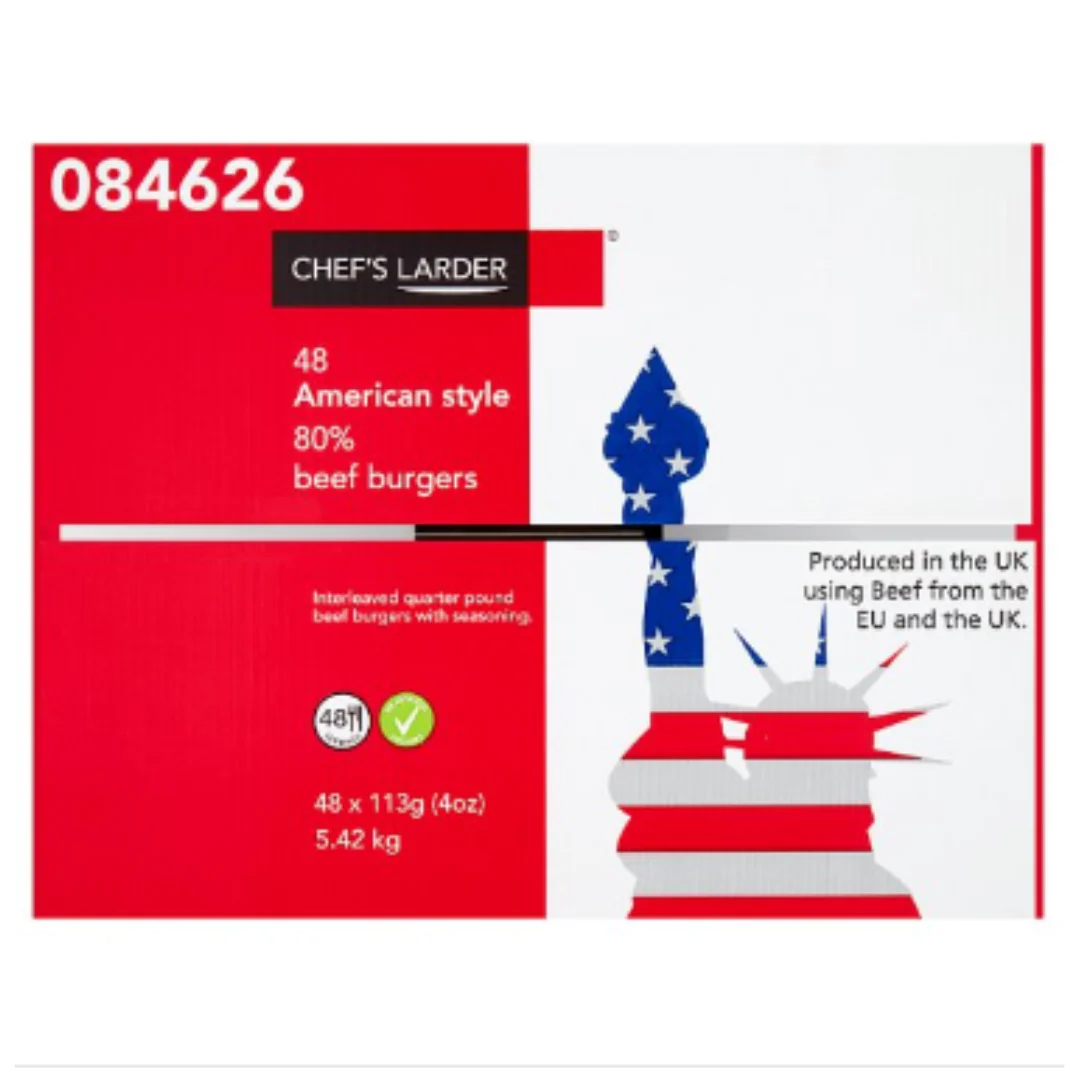Chef's Larder 48 American Style 80% Beef Burgers 5.42kg x 1 Pack