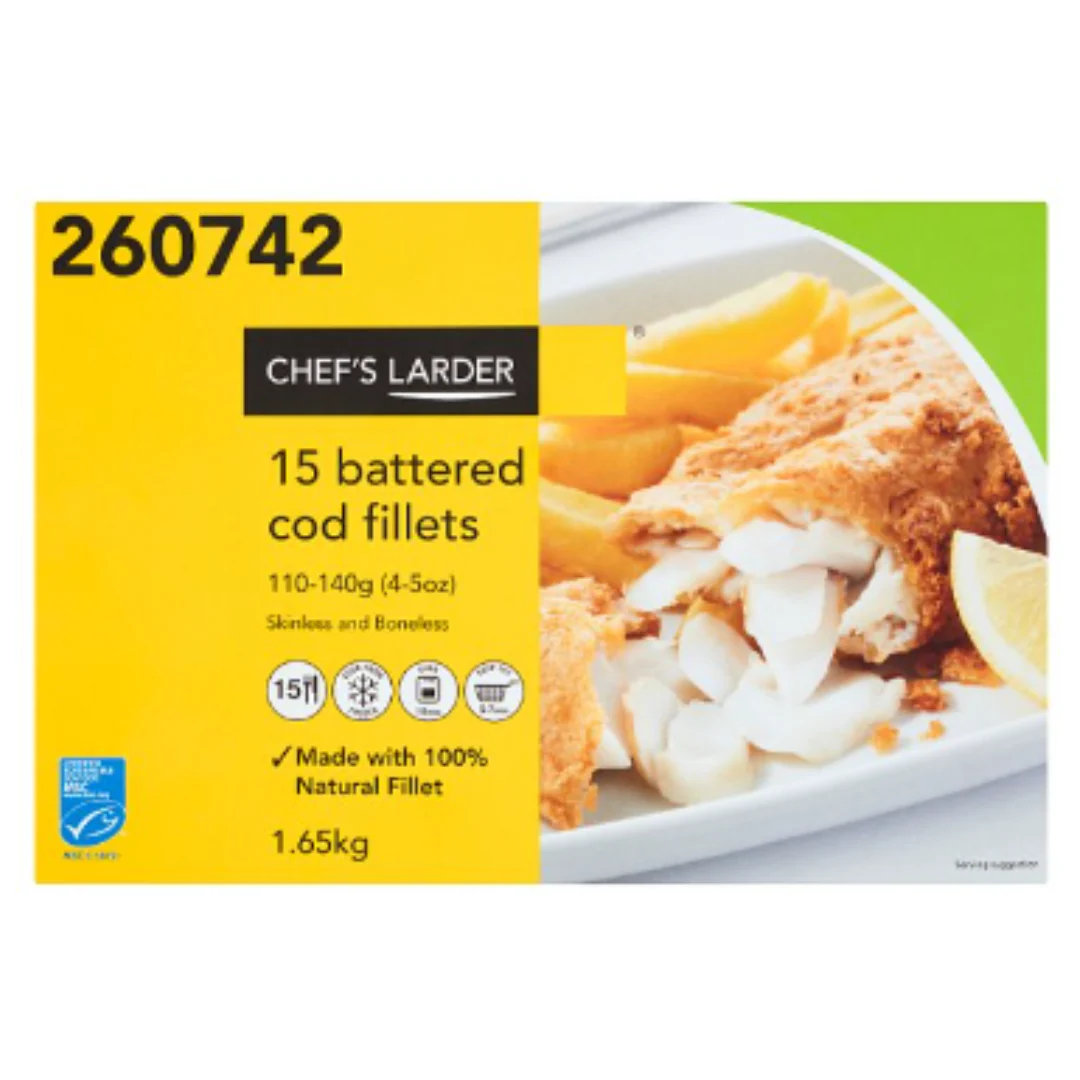 Chef's Larder 15 Battered Cod Fillets 1.65kg x 1 Pack