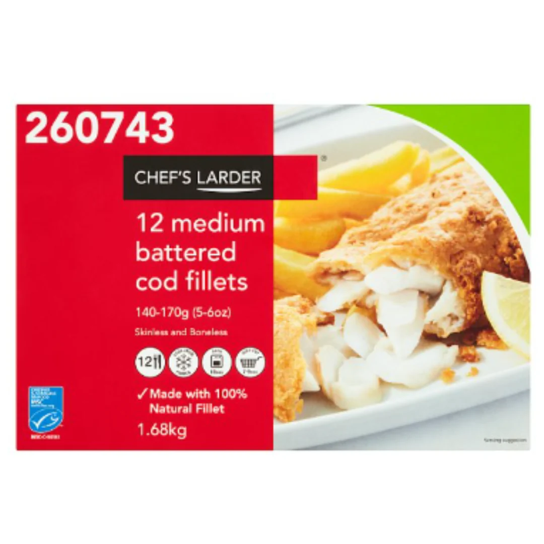 Chef's Larder 12 Medium Battered Cod Fillets 1.68kg x 1 Pack