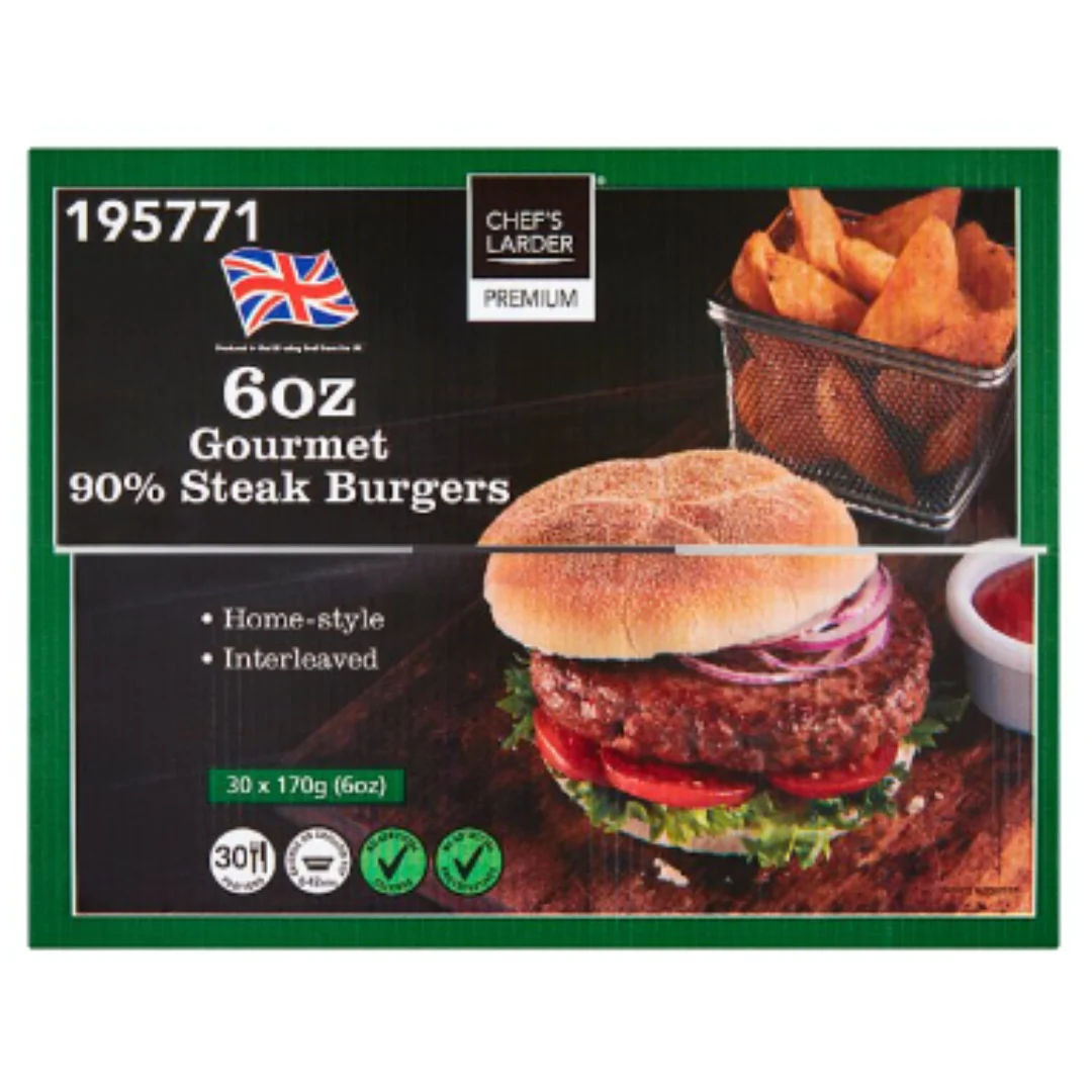 Chef's Larder Premium 6oz Gourmet 90% Steak Burgers 5.1kg x 1 Pack