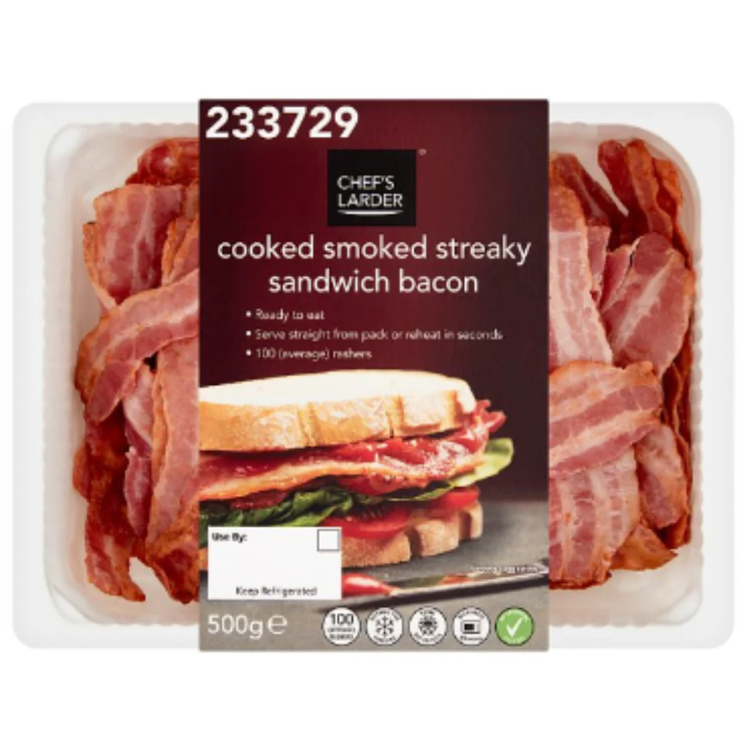 Chef's Larder Cooked Smoked Streaky Sandwich Bacon 500g x 6