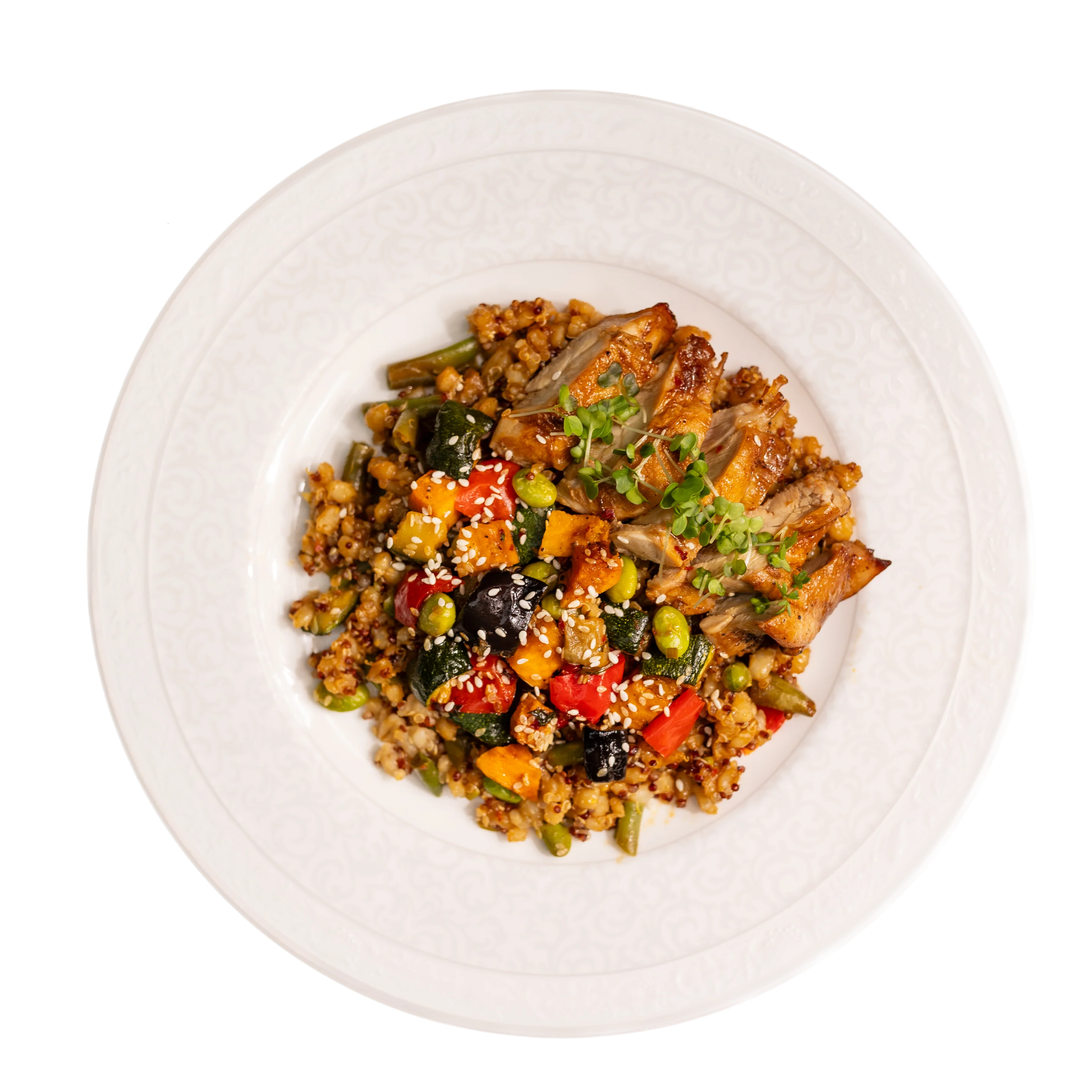 Chicken and Vegetables with Quinoa and Barley in Spicy Soy Sauce (Halal)