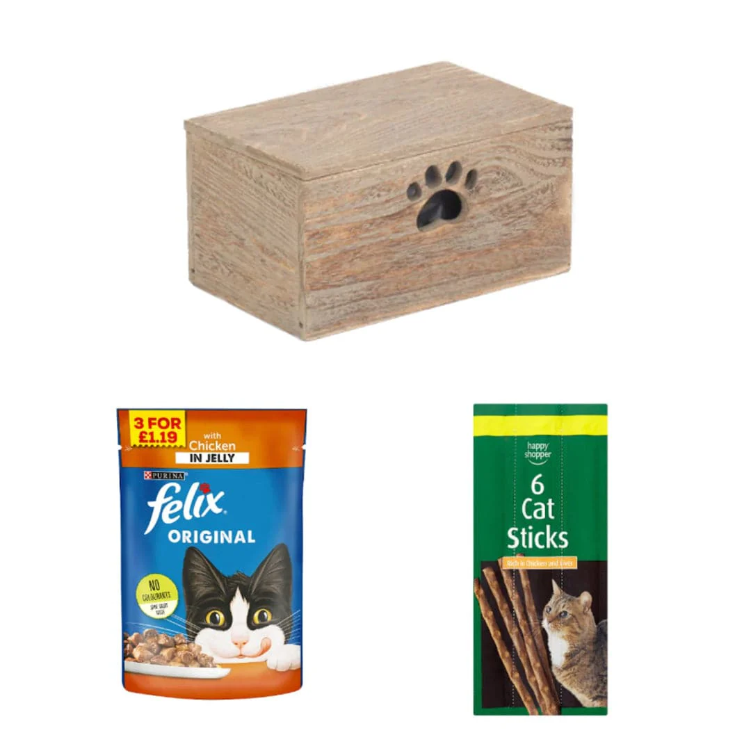 FELIX Purrfect Chicken and Sticks Cat Box | 3 Ingredients | Wooden Cat Food Tray | 2x Happy Shopper 6 Cat Sticks 30g | Felix Original with Chicken in Jelly 100g x 40