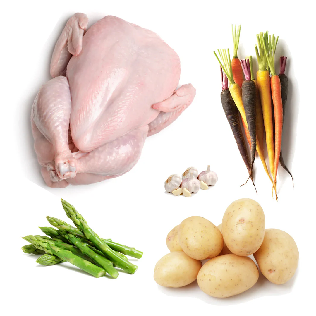 Sunday Roast & Veggie Box | 5 Ingredients | Whole Plain Chicken | Garlic | Baby Potatoes | Asparagus | Rainbow Carrots