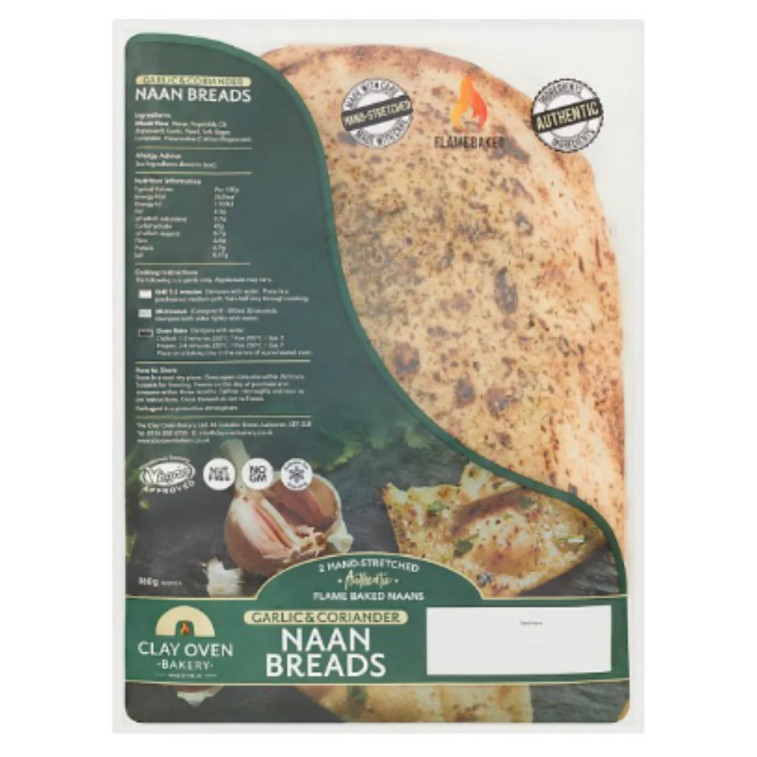 Clay Oven Bakery 2 Hand-Stretched Authentic Garlic & Coriander Naan Breads x Case of 1