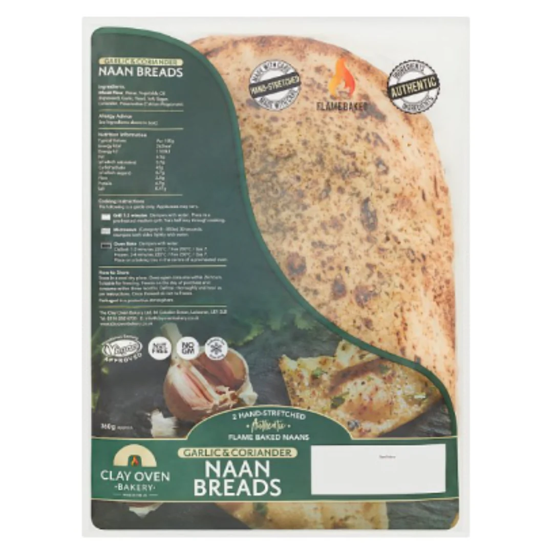 Clay Oven Bakery 2 Hand-Stretched Authentic Garlic & Coriander Naan Breads x Case of 10