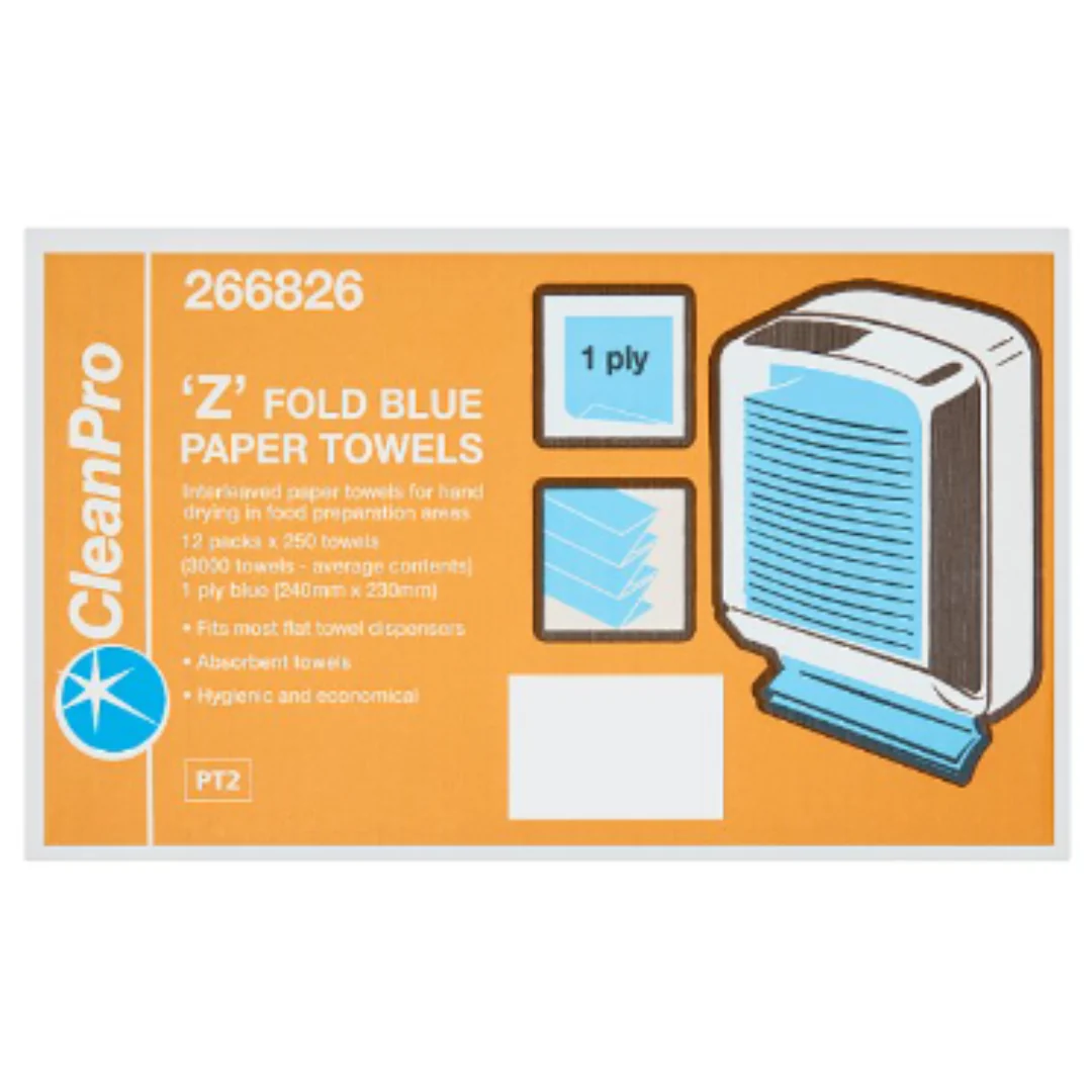 CleanPro 'Z' Fold Blue Paper Towels 1 Ply 12 Packs x 250 Sheets x Case of 1