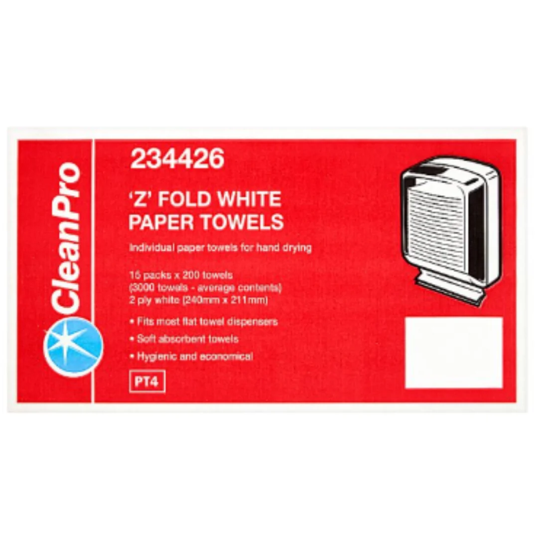CleanPro 'Z' Fold White Paper Towels 2 Ply 15 Packs 200 Towels x Case of 1