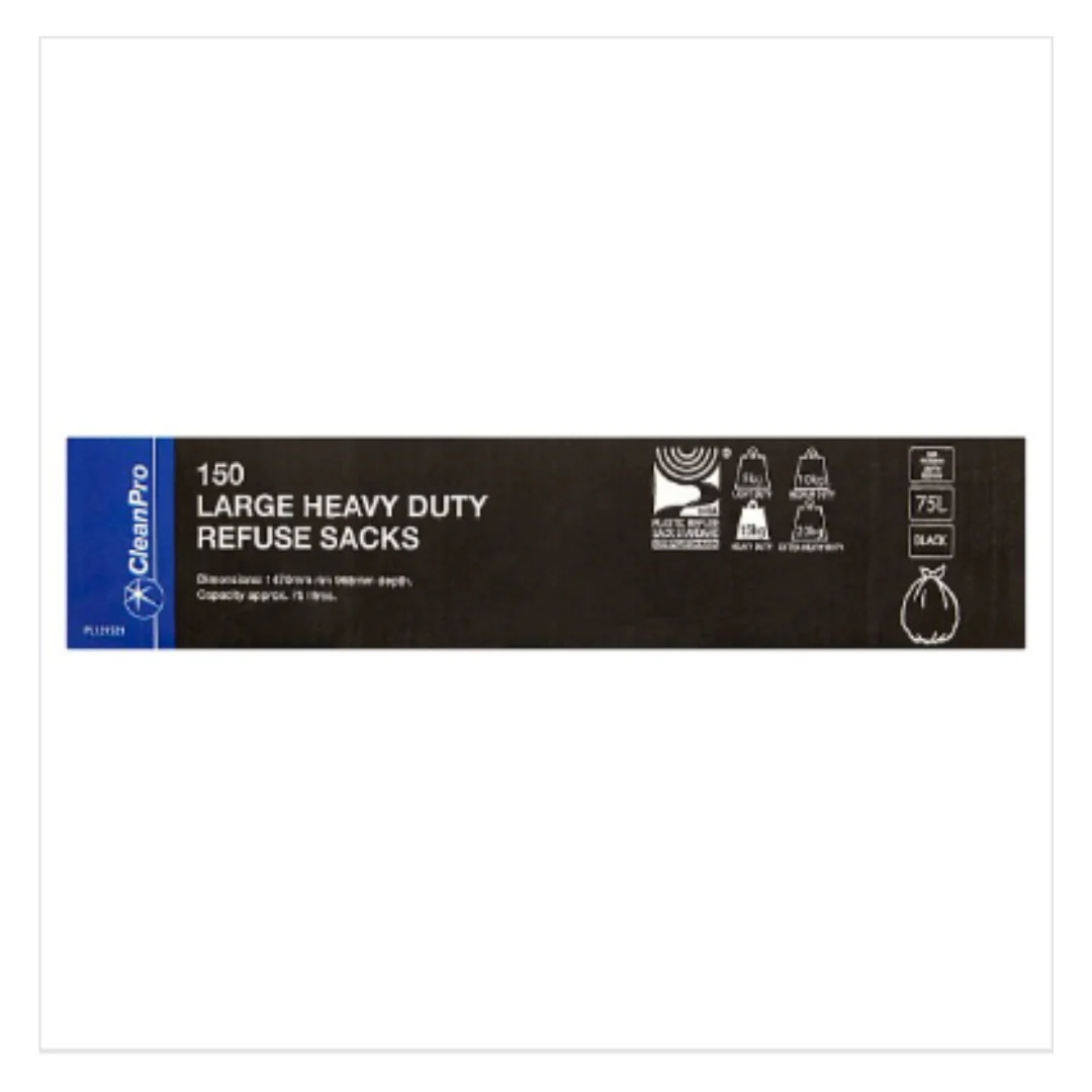 CleanPro Large Heavy Duty Refuse Sacks Black | 75L | Pack of 150 Bags | 1-Pack
