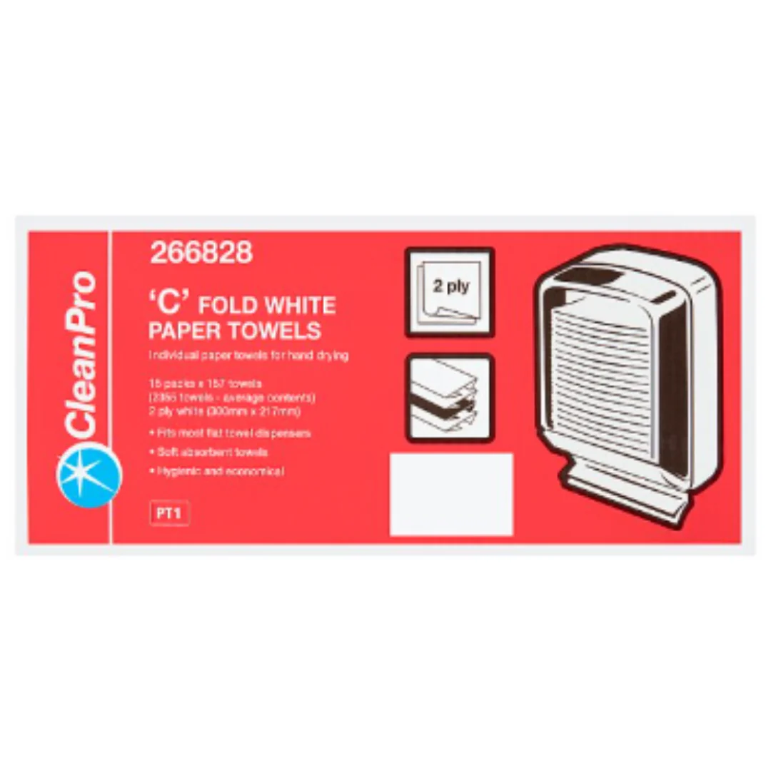 CleanPro 'C' Fold White Paper Towels 2 Ply 15 Packs x 157 Towels x Case of 1