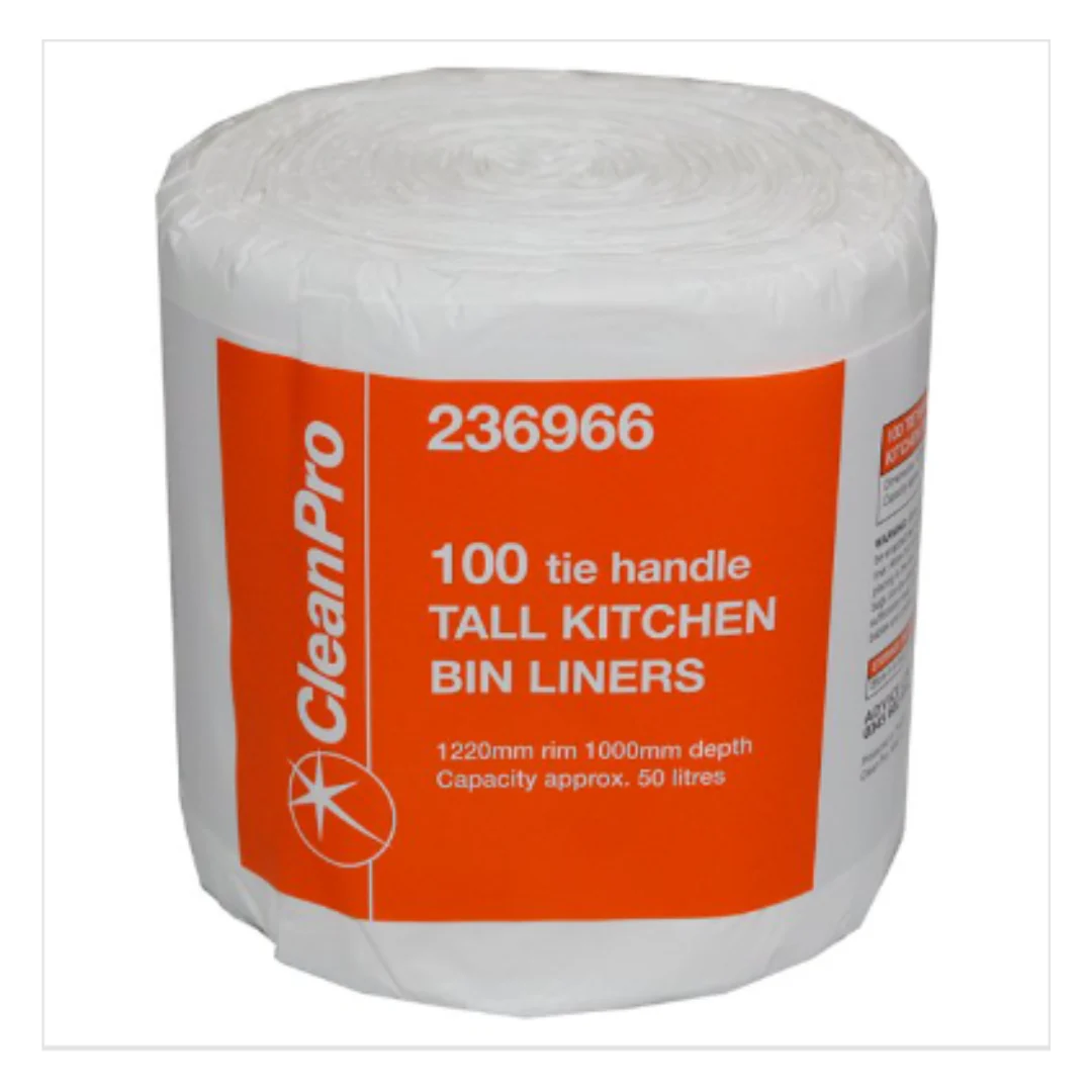 CleanPro 100 Tie Handle Tall Kitchen Bin Liners | Approx 100 per Case| Case of 1