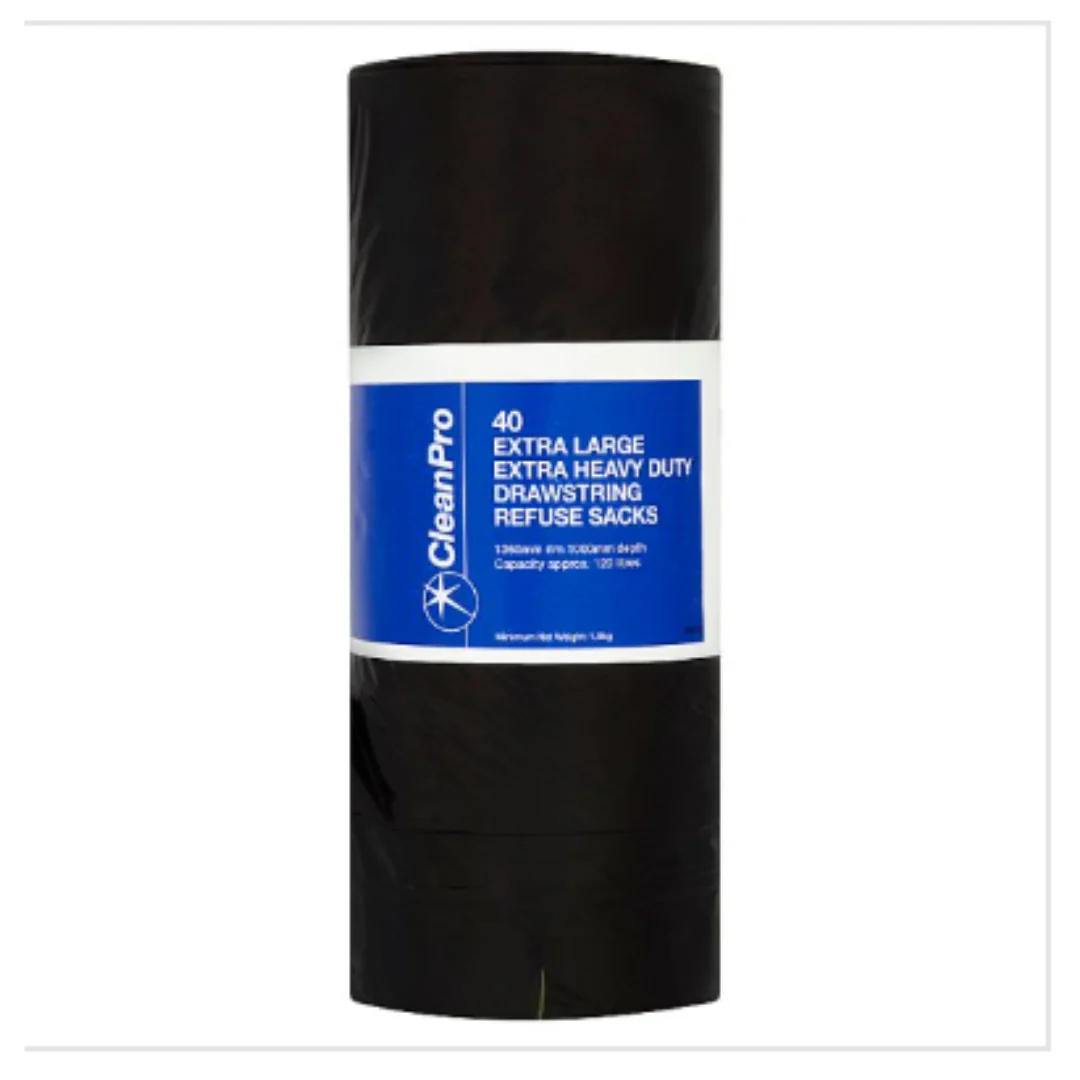 CleanPro 40 Extra Large Extra Heavy Duty Drawstring Refuse Sacks | Approx 40 per Case| Case of 1