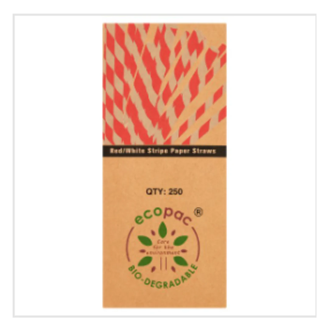Ecopac Red/White Stripe Paper Straws | Approx 250 per Case| Case of 1