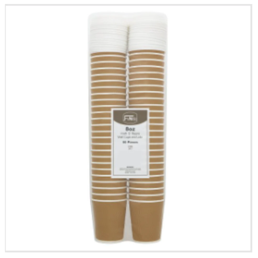 FyNite Kraft 'S' Ripple Wall Cups and Lids 8oz 10 x 50 (50 Per Case) | Approx 50 per Case | Case of 10