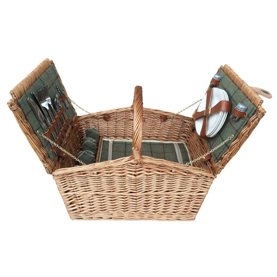 4 Person Green Tweed Double Lid Hamper