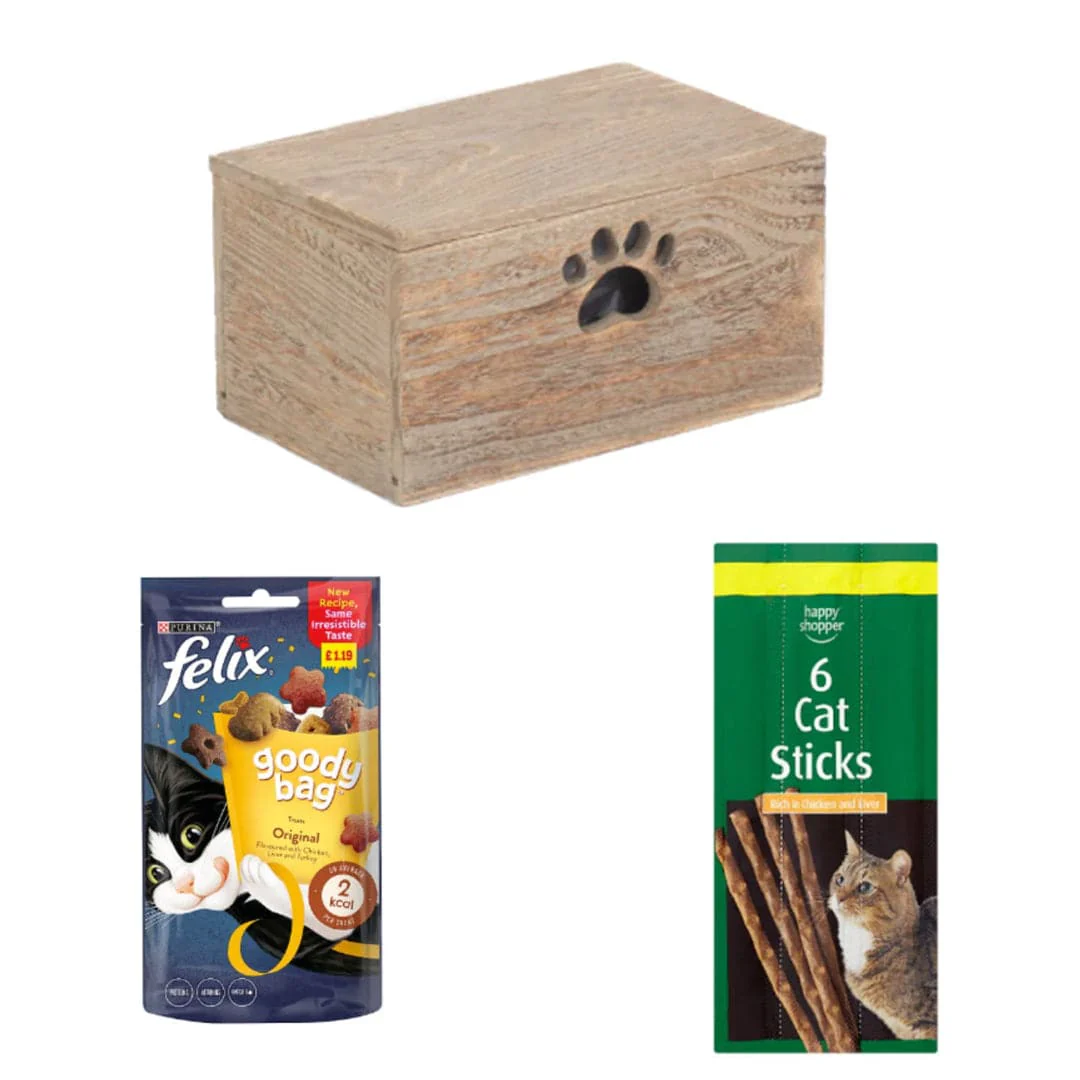 FELIX Happy Cat Treat Box | 3 Ingredients | Wooden Cat Food Tray | 2x Happy Shopper 6 Cat Sticks 30g | Felix Goody Bag Cat Treats Original 60g x 48