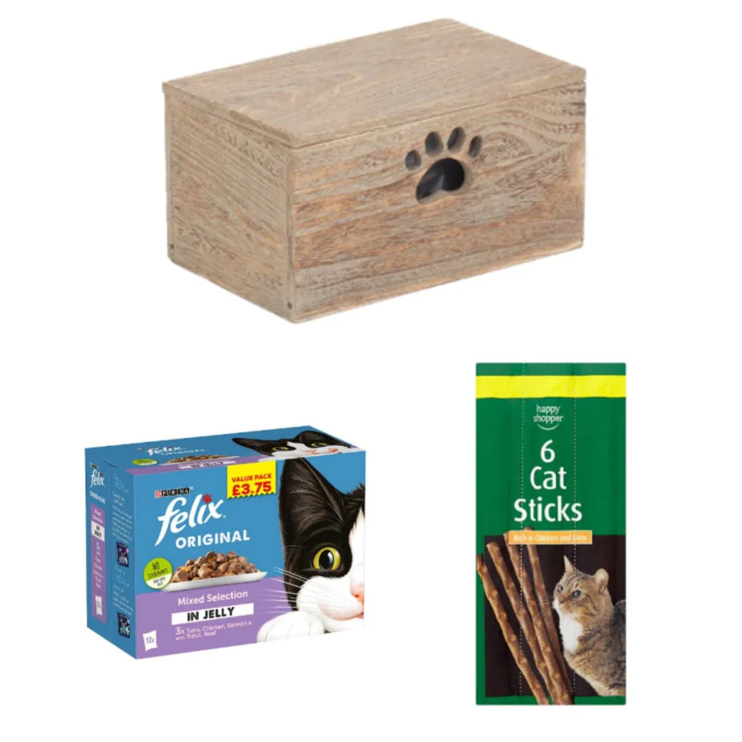 FELIX Happy Cat Variety Treat Box | 3 Ingredients | Wooden Cat Food Tray | 2x Happy Shopper 6 Cat Sticks 30g | FELIX Mixed Selection Wet Cat Food 48 x 100g