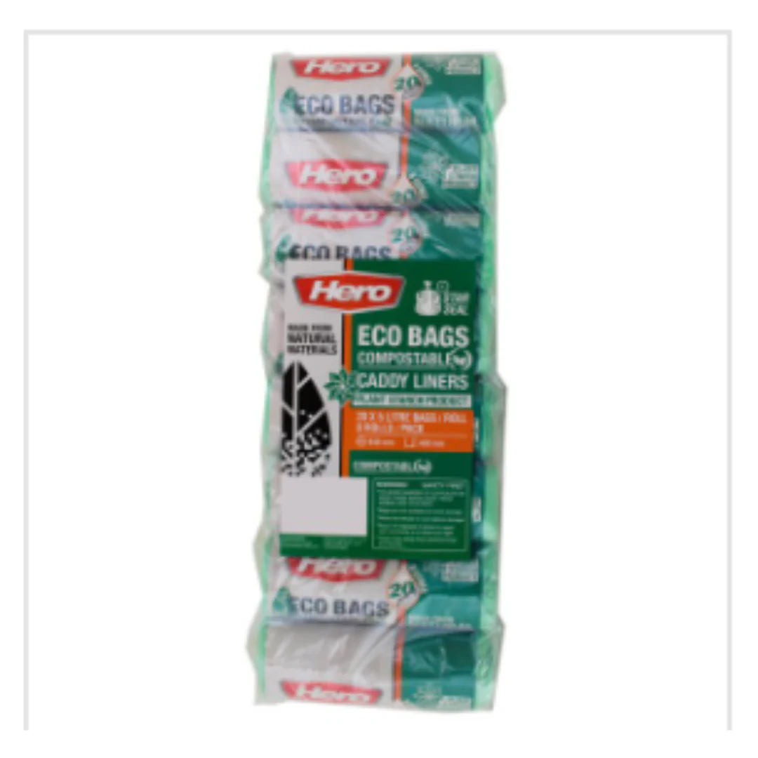 Hero Eco Bags Compostable Caddy Liners 20 x 5 Litre Bags/Roll 8 Rolls/Pack | Approx 8 per Case| Case of 40
