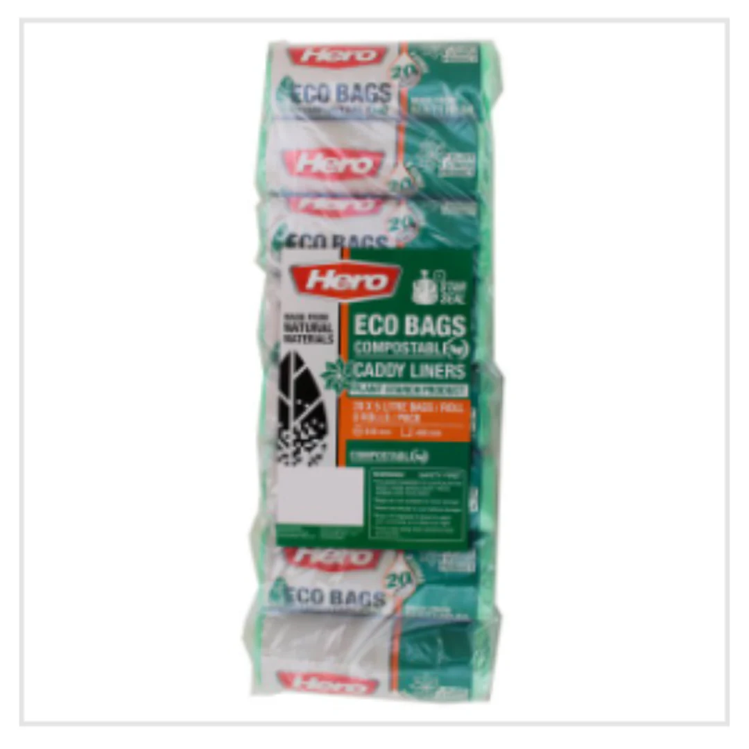 Hero Eco Bags Compostable Caddy Liners 20 x 5 Litre Bags/Roll 8 Rolls/Pack | Approx 8 per Case| Case of 8