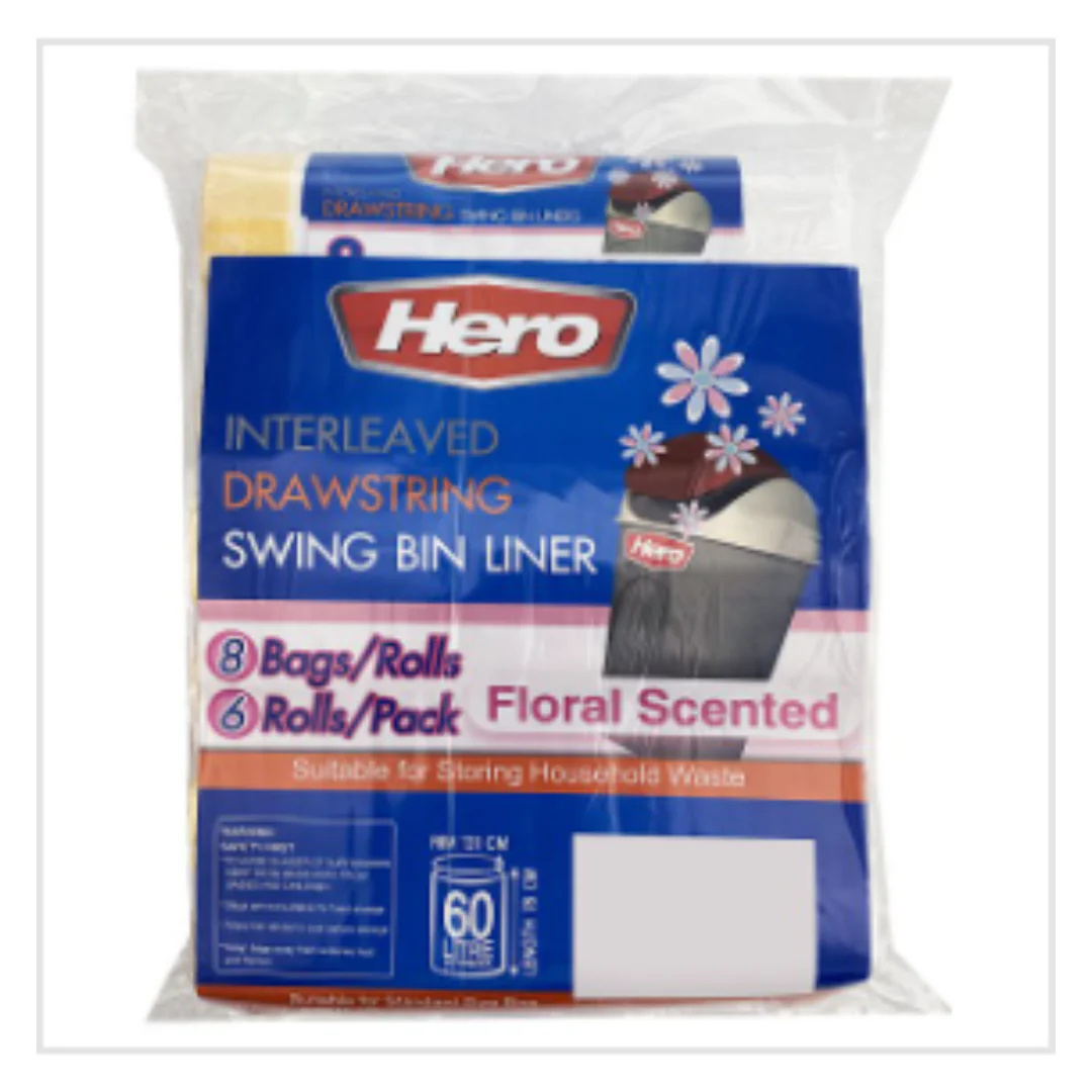 Hero Interleaved Drawstring Swing Bin Liner Floral Scented 8 Bags/Rolls | Approx 6 per Case| Case of 6