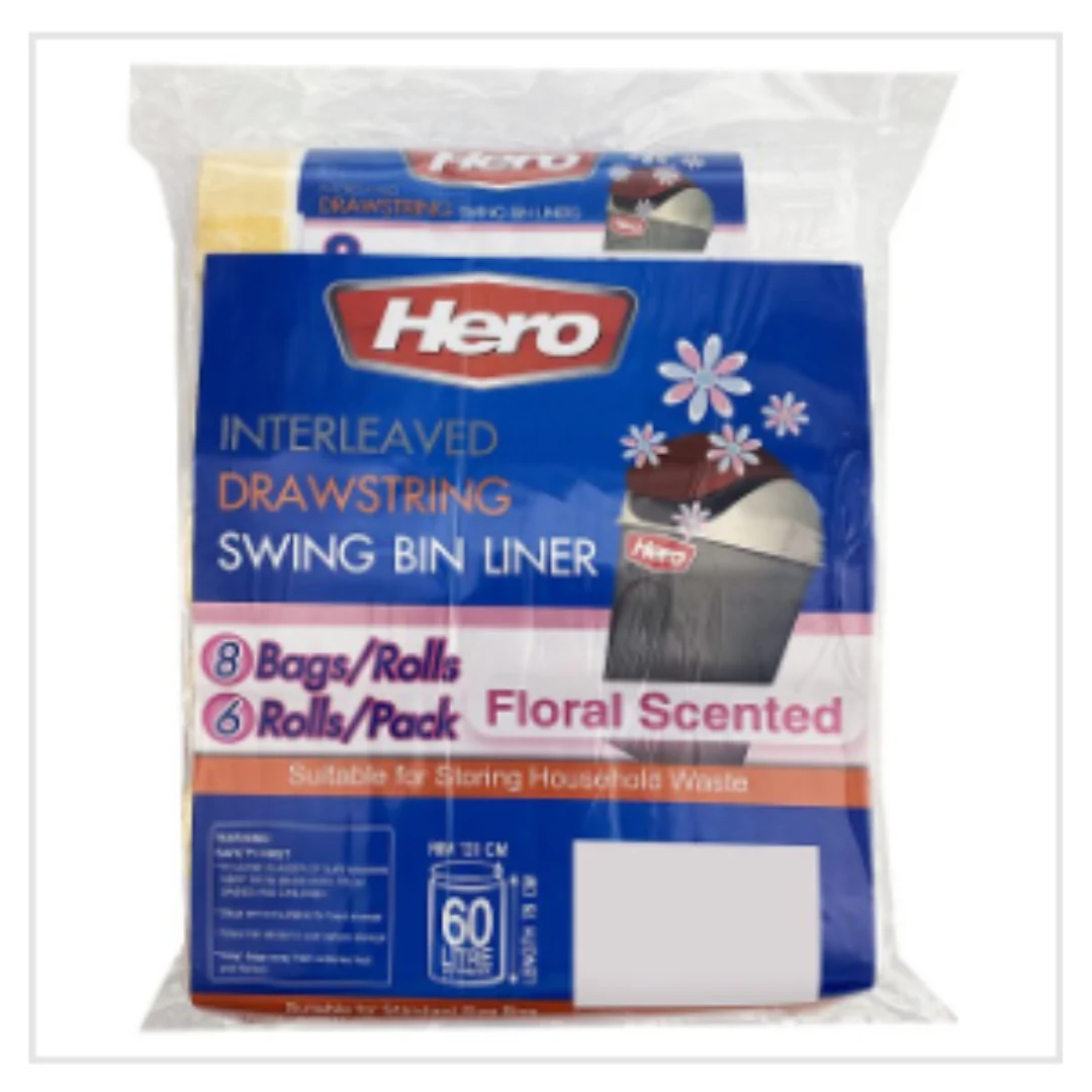 Hero Interleaved Drawstring Swing Bin Liner Floral Scented 8 Bags/Rolls | Approx 6 per Case| Case of 24