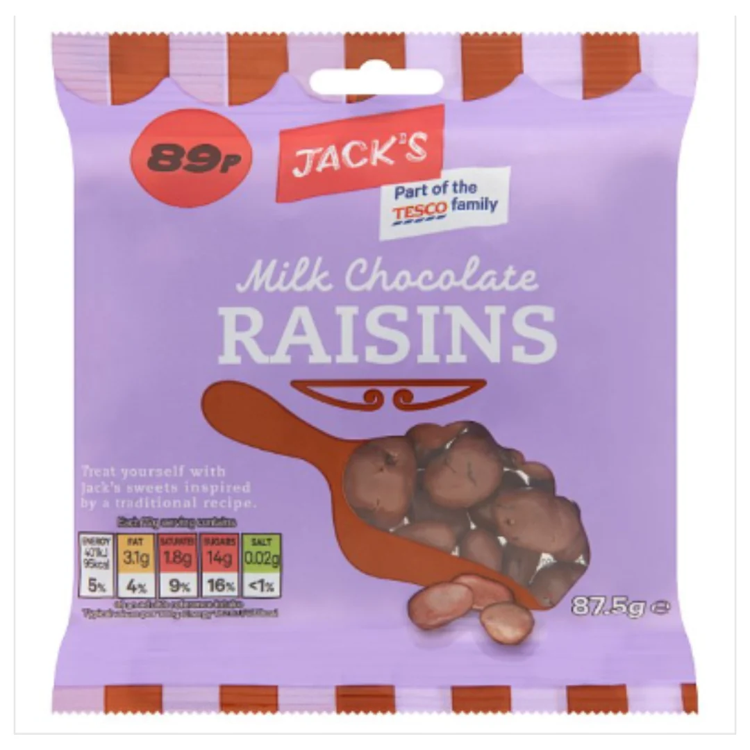 Jack's Milk Chocolate Raisins 87.5g x Case of 12