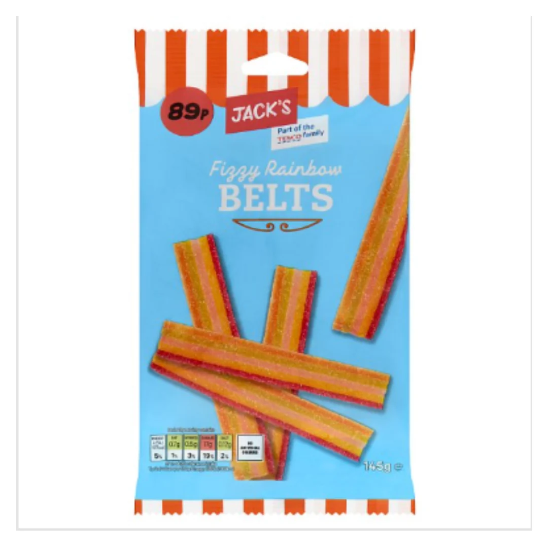 Jack's Fizzy Rainbow Belts 145g x Case of 10