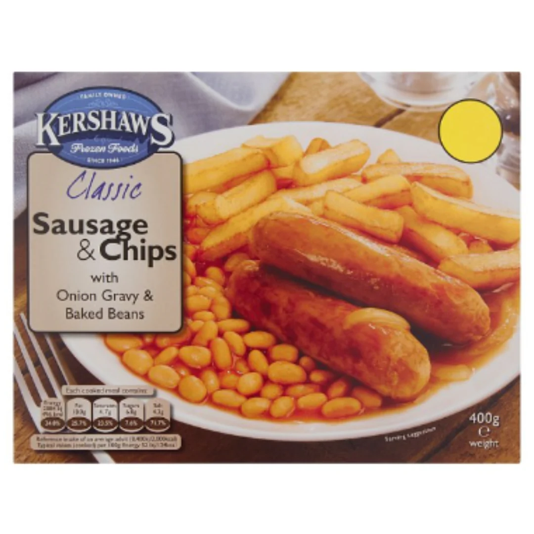 Kershaws Classic Sausage & Chips with Onion Gravy & Baked Beans 400g  x 12 Packs