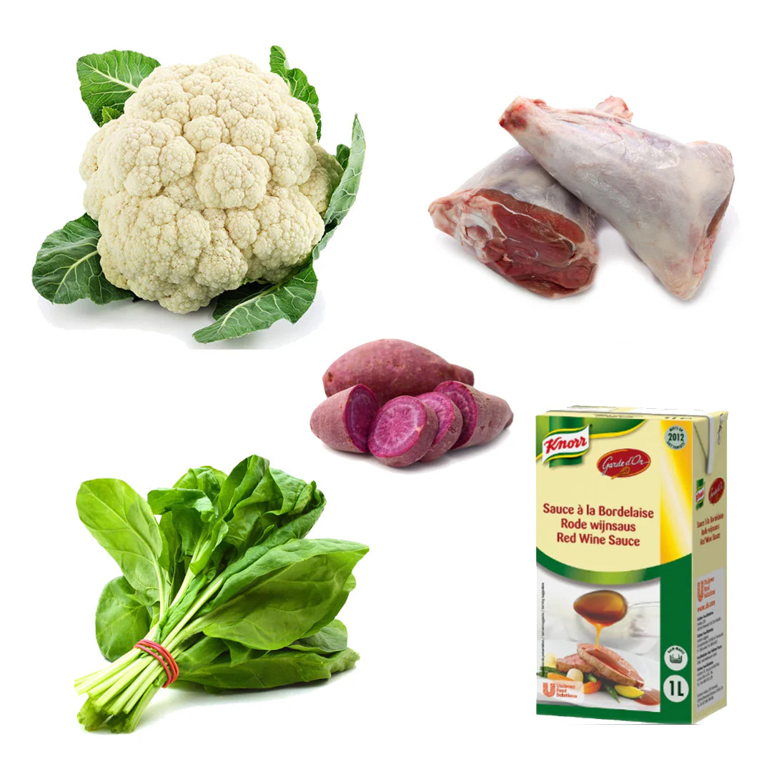 Sunday Roast Box with Scottish Lamb Shanks | 5 Ingredients | Scottish Lamb Shank | Cauliflower | Sweet Potatoes | Spinach | Red Wine Sauce