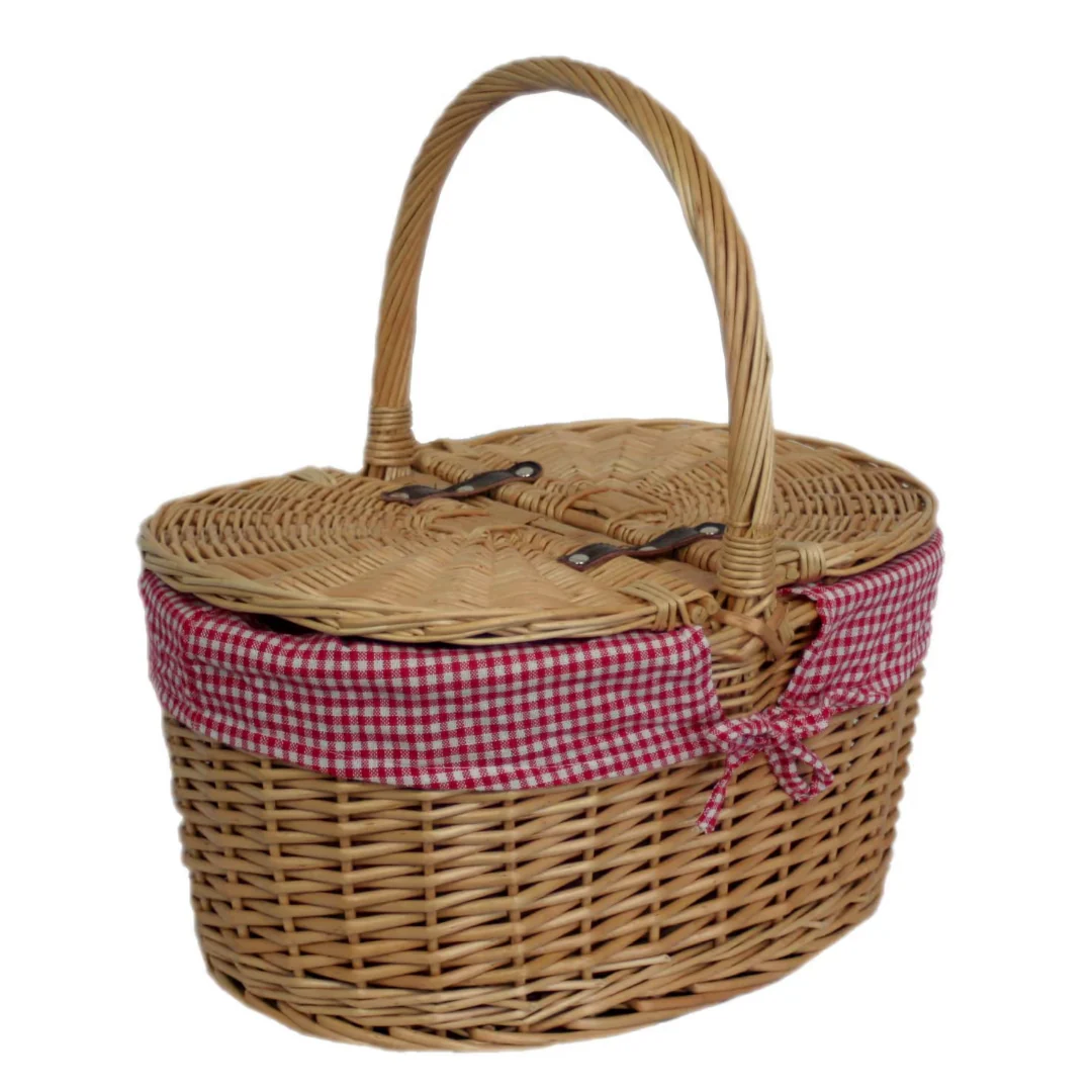 Oval Lidded Hamper With Red & White Checked Lining