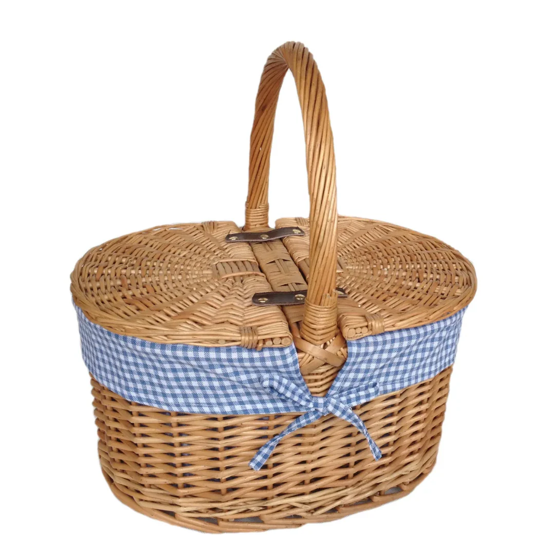 Oval Lidded Hamper With Blue & White Checked Lining