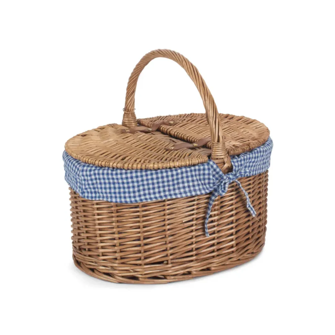 Light Steamed Oval Lidded Hamper With Blue & White Checked Lining