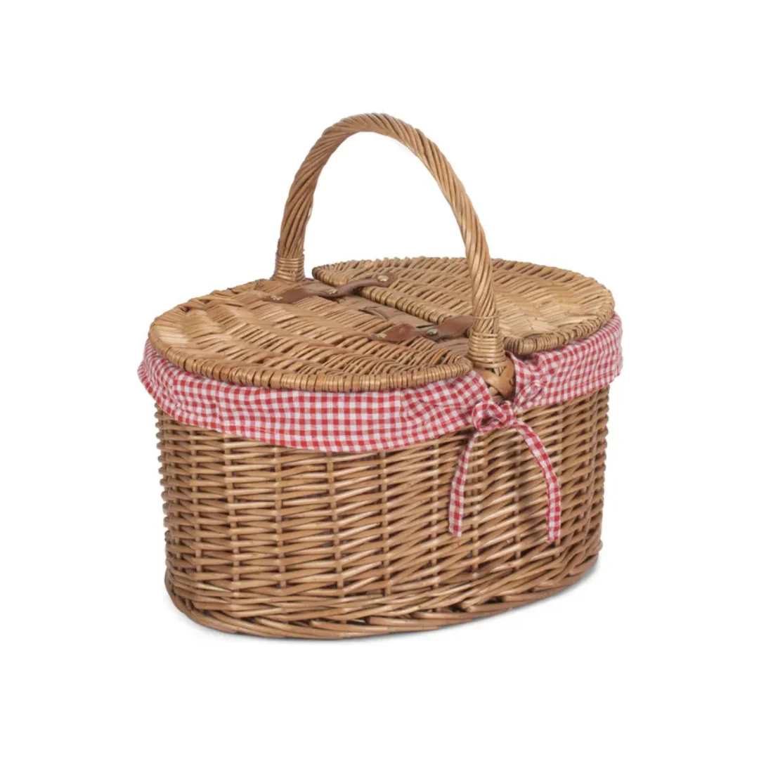 Light Steamed Oval Lidded Hamper With Red & White Checked Lining