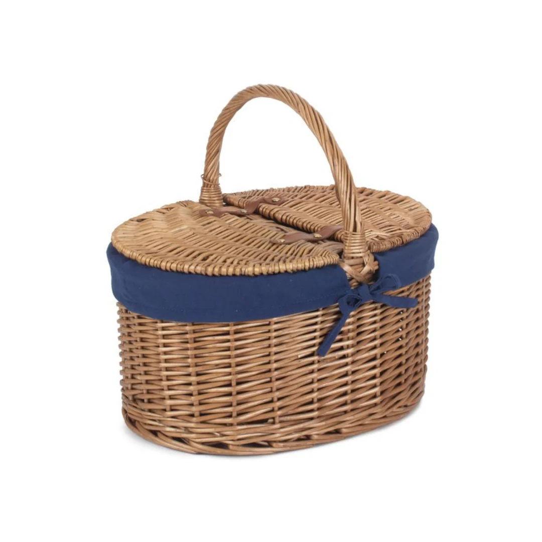 Light Steamed Oval Lidded Hamper With Navy Blue Lining