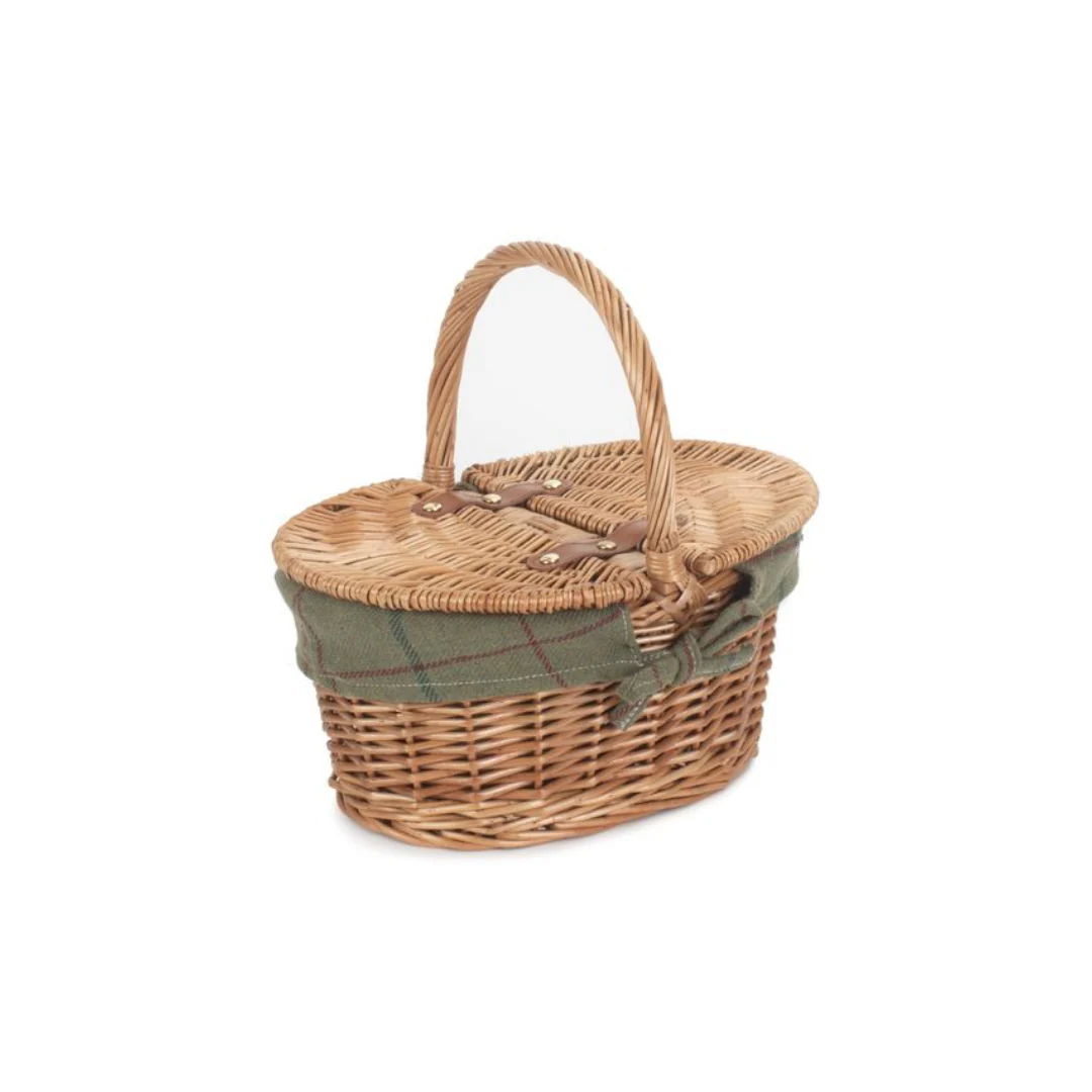 Childs Light Steamed Finish Oval Picnic Basket With Green Tweed Lining