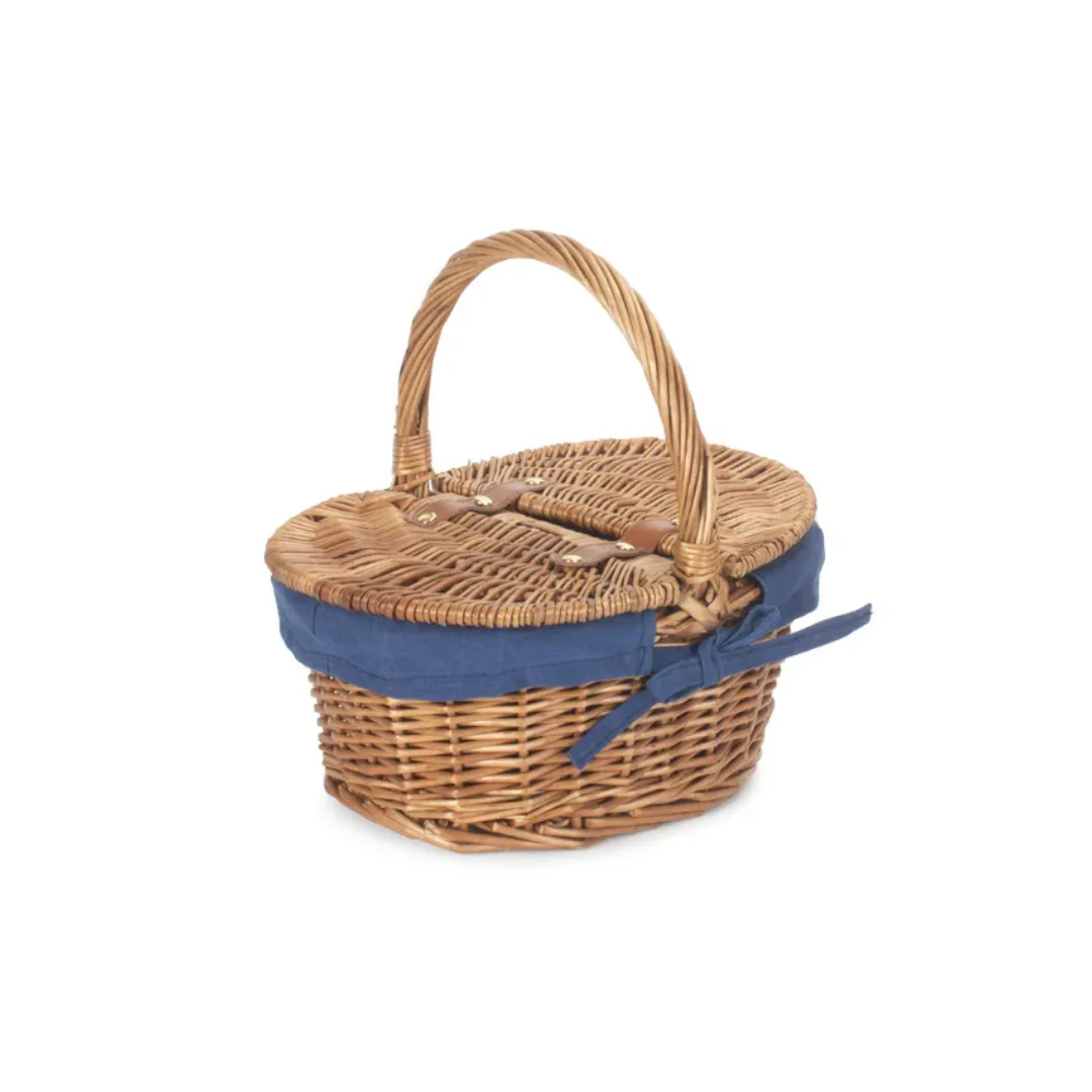 Childs Light Steamed Finish Oval Picnic Basket With Navy Blue Lining